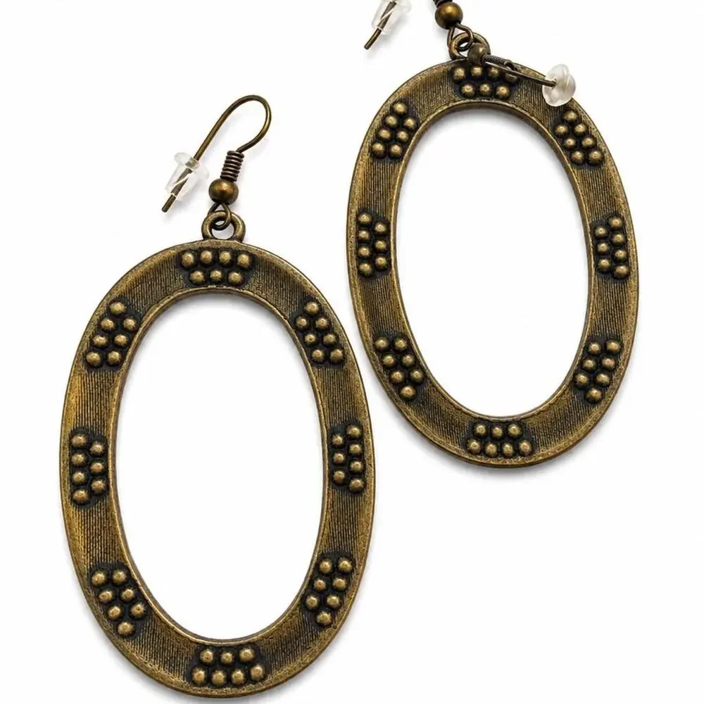 Vintage Antiqued Brass Tone Oval Dangle Earrings Golden Rhinestone Crystal Drops